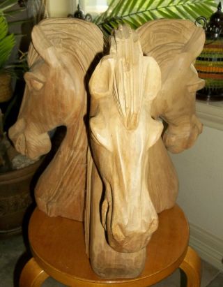 Vintage Majestic 3 Horse Heads Sculpture Carved Solid Wood Sculpture 16 " Tall