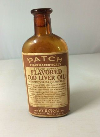 Vintage Amber Cod Liver Oil Bottle Patch Pharmaceuticals Drug Co.  W/label Boston