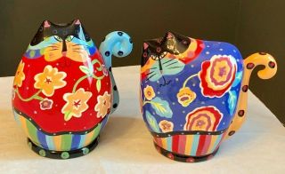 2 Cats Meow Joyce Shelton Designed Colorful Ceramic Floral Banks With Stoppers