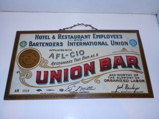 Union Bar Hotel & Restaurant Bartenders Tin Sign Display Card Man Cave