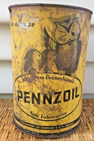 Rare Vintage Pennzoil Owls Logo Large 5 Qt Motor Oil Can