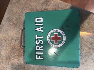 Antique Vintage Red Cross First Aid Tin Metal Storage.  Box With Handle,  Old