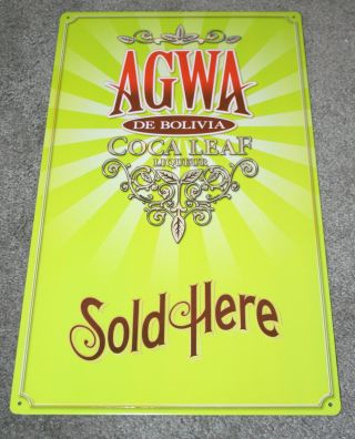 Vintage Agwa De Bolivia Coca Leaf Liqueur Tin Metal 9.  5 " X 16 " Bar Sign Nos