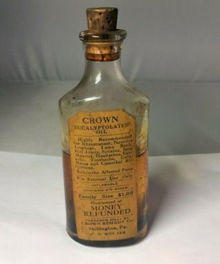 Vintage Antique Crown Eucalyptolated Oil Bottle W/label & Cork Shillington,  Pa,