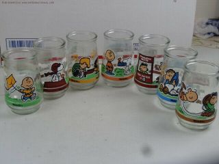 Full Set Of 7 Welchs Peanuts Jelly Jar Glasses 4 " Tall Snoopy Lucy