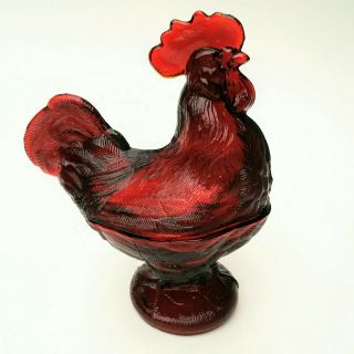Hen Chicken Rooster Red Glass Lidded Candy Dish