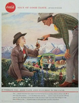 Wyoming Cowboy Cowgirl Coca Cola Western Soft Drink Art 1958 Print Ad