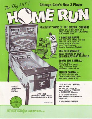 Chicago Coin Home Run Baseball Pitch & Bat Pinball Machine Flyer Brochure 1970