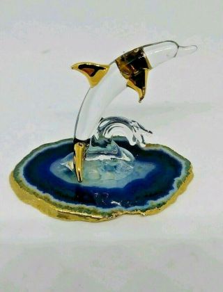 Glass Baron - Dolphin On Geode Slice - 22 Kt Gold Embellishments