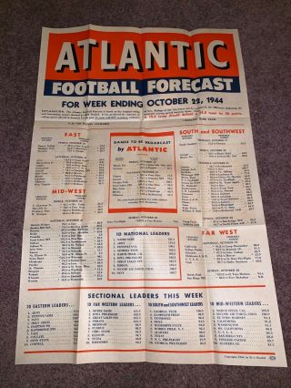 October 22,  1944 Atlantic Gasoline,  College Football Schedule Broadside Sheet