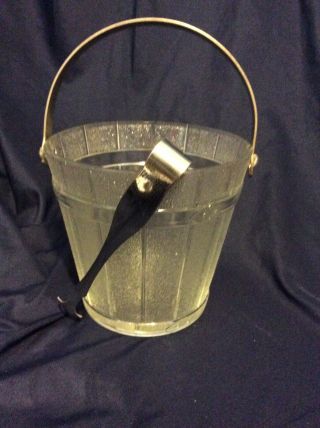 Vintage Glass Ice Bucket With Metal Handle And Tongs Oak Barrel Pattern