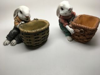 (2) Vintage Resin “bunnies In Overalls” W Basket - Flower Pot/planters