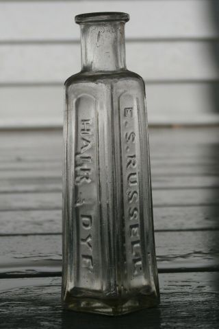 Early Antique E.  S.  Russell No.  1 Hair Dye Four Sided Medicine Bottle