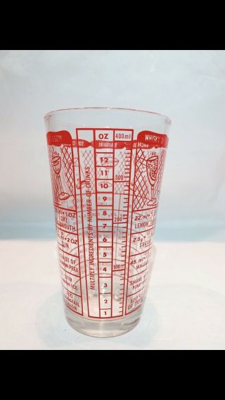 Vintage 1950s Red Cocktail Mixing Glass With Recipes And Measurements
