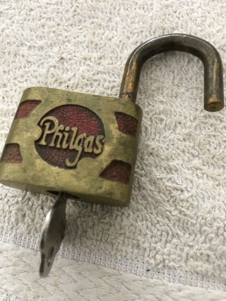 Vintage 1930s/1940s Philgas Brass Padlock - W/key - Phillips 66 Propane Company 3