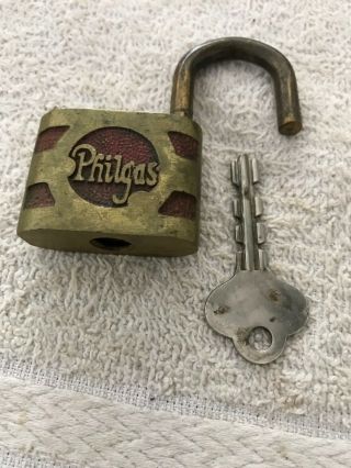 Vintage 1930s/1940s Philgas Brass Padlock - W/key - Phillips 66 Propane Company 5