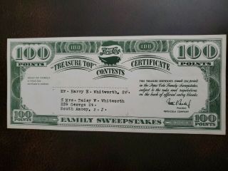 Vntg 1940s Pepsi :cola Treasure Top Army Insignia 100 Point Contest Certificate