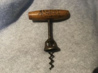 Pabst Milwaukee Vintage Wood Handle Cork Screw Wine Bottle Opener Corkscrew