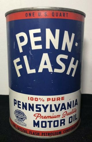 Vtg Penn - Flash Motor Oil 1 Quart Oil Can Tin 100 Pennsylvania Crystal Flash