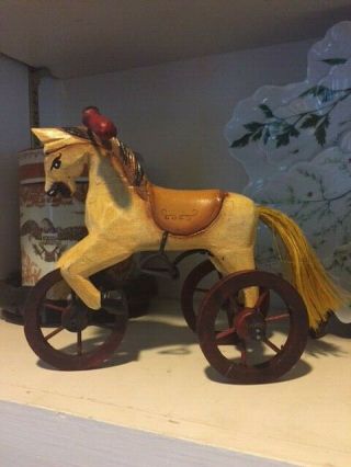 Vintage Wood Rocking Horse On Tricycle Wheels Rustic Country Doll Toy