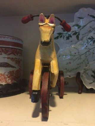 Vintage Wood Rocking Horse On Tricycle Wheels Rustic Country Doll Toy 2