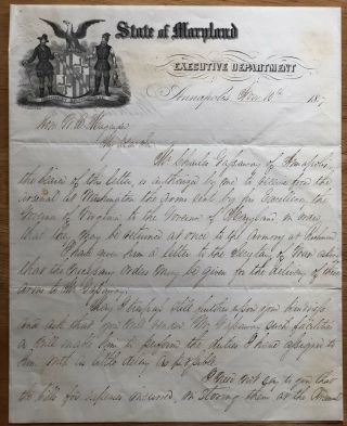Pre - Civil War Maryland Gov.  Thomas W.  Ligon Autograph Letter (good Content)