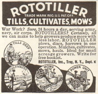 Vtg 1943 Rototiller Garden Tiller Tractor Wwii Cultivator Mower Equipment Ad