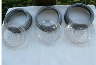 3 Vintage 2 Pc.  Ball Wide Mouth Mason Fruit Jar Lids,  Glass Insert,  Zinc Rings