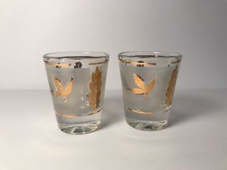 Set Of 2 Vintage Mid Century Modern Frosted Gold Leaf Shot Glasses G.  Reeves
