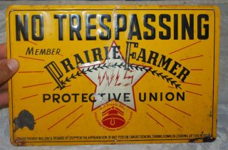 Vintage No Trespassing Prairie Farmer Union Embossed Tin Barn Farm Sign