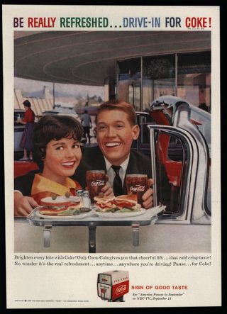 1959 Coca Cola - Boy & Girl Date @ Drive - In Restaurant Convertible Car Vintage Ad