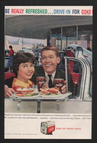 1959 Coca - Cola Boy & Girl Date In Convertible At Drive - In Restaurant Vintage Ad
