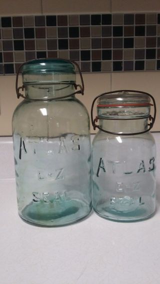 2 Atlas E - Z Seal Canning Jar Bale Wire Glass Lid 1/2 Half Gallon & Qt