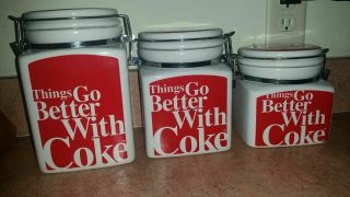 Set Of 3 Coca Cola Brand Canisters Air Tight Things Go Better Coke 2007 Gibson