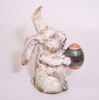 Vintage Cold Painted Solid Bronze Miniature Easter Bunny White Rabbit With Egg