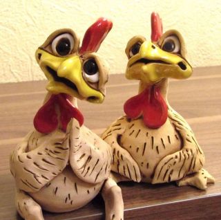 Chicken & Rooster Couple Hand Made Ceramic Funny Figurine Easter