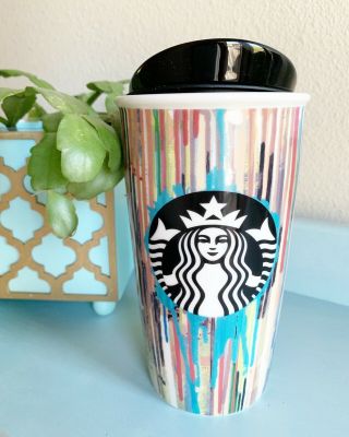 Starbucks 2015 Paint Drip Stripes Ceramic Travel Tumbler Mug Coffee Painted