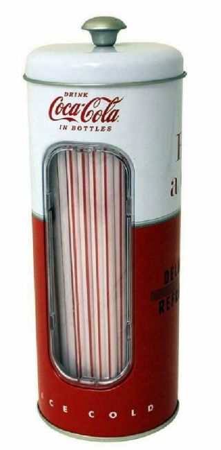 Coca - Cola Collectible Tin Straw Dispenser Holder Storage And 50 Straws Kid Party