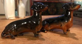 Two 2 Vintage Beswick England Marked Dachshund Dog Figurines Black Brown Tan