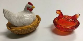 Vintage Chicken Salt Dishes Gold Marigold Painted Pair Dipping Hen On Nest