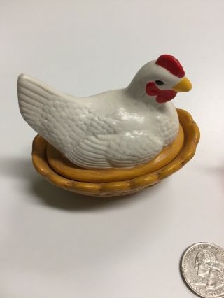 Vintage Chicken Salt Dishes Gold Marigold Painted Pair Dipping Hen On Nest 4