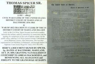 War 1812/civil War Clerk Us District Court Baltimore Maryland Document Signed Vg