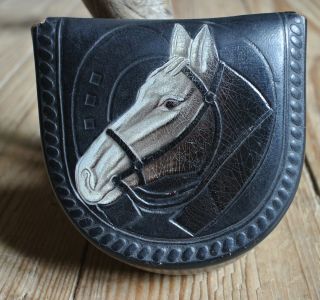 Vintage Horse Head Horse Shoe Black Leather Embossed Hand Painted Coin Purse