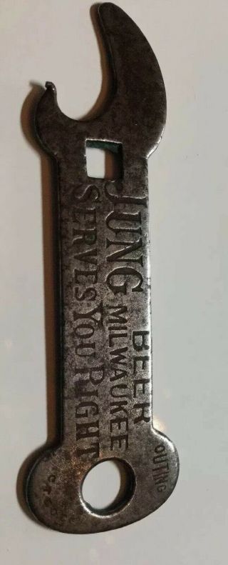 Vintage JUNG BEER MILWAUKEE Bottle Opener Square Hole SERVES YOU RIGHT 5