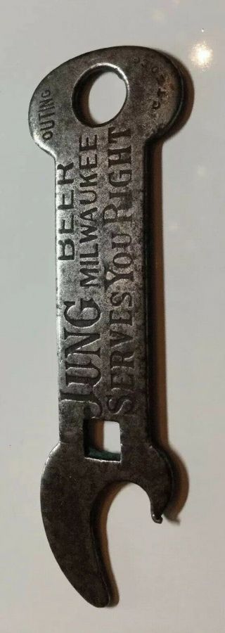 Vintage JUNG BEER MILWAUKEE Bottle Opener Square Hole SERVES YOU RIGHT 6