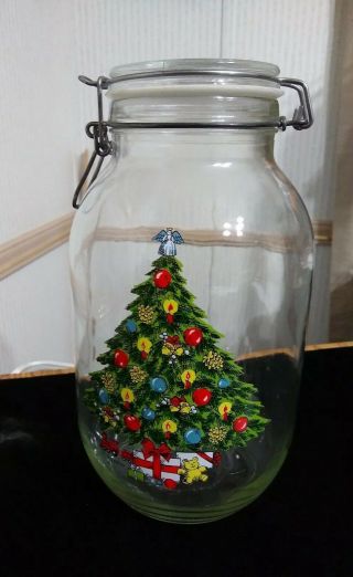 Vintage Carlton 1 Gallon Clear Glass Jar Wire Bale Rubber Seal Christmas Decal.