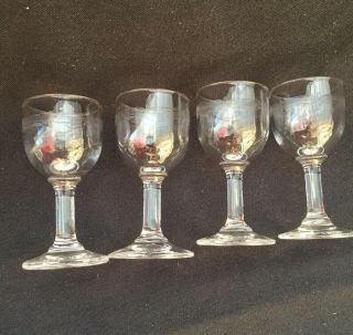 Vintage Antique French 4 Small Stemmed Etched Tipple Glasses Shot Liquor Liqueur