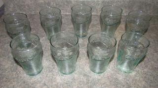 Set Of 9 Green Tinted Pebbled Coca Cola 4 " Glasses - Enjoy Coke,  Juice,  Soda