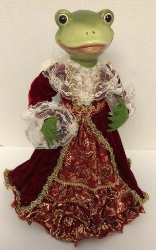 Frog Christmas Tree Topper Figure 17 " Porcelain Head Burgundy Gown Victorian
