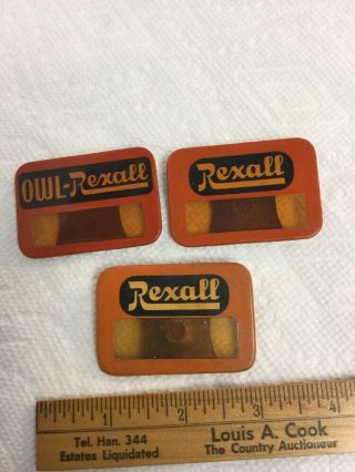3 Antique Vintage Employee Badges For Rexall Owl Drugstores By Whitehead & Hoag
